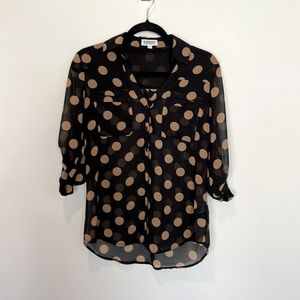 Express Semi-Sheer Black and Tan Polka-Dot Portofino Shirt
